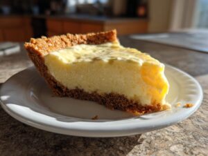 A close-up shot of a thick slice of creamy lemon pie with a golden graham cracker crust, sitting on a white plate.