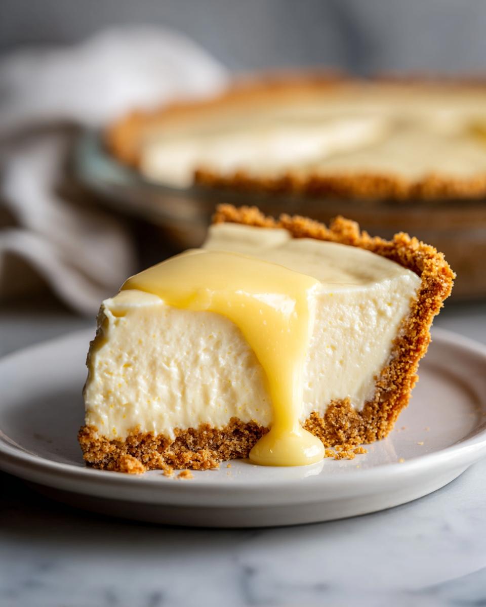 A thick slice of creamy lemon pie with a graham cracker crust, topped with a drizzle of bright yellow lemon curd.
