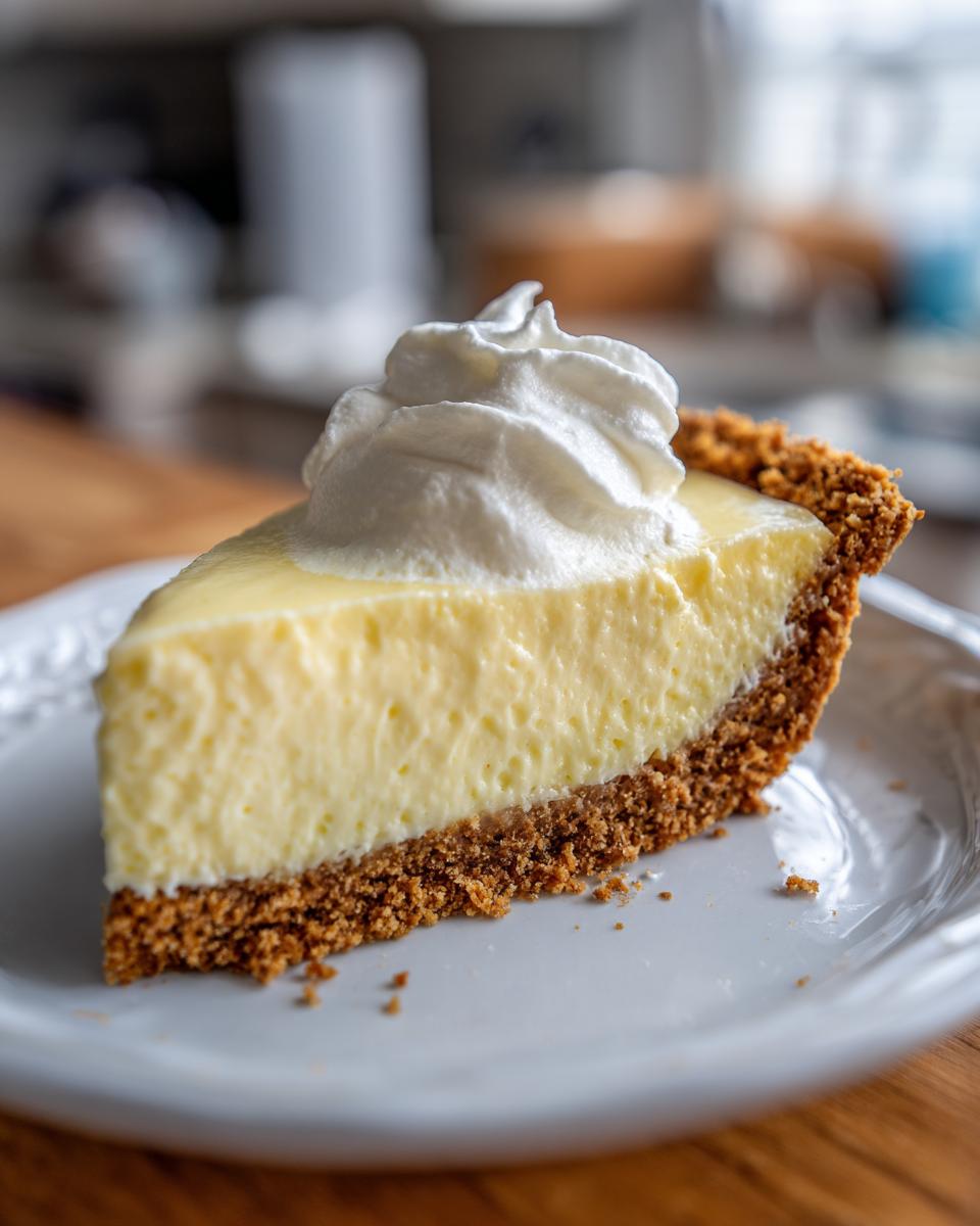 A close-up of a thick slice of creamy lemon pie with a graham cracker crust, topped with a swirl of whipped cream.
