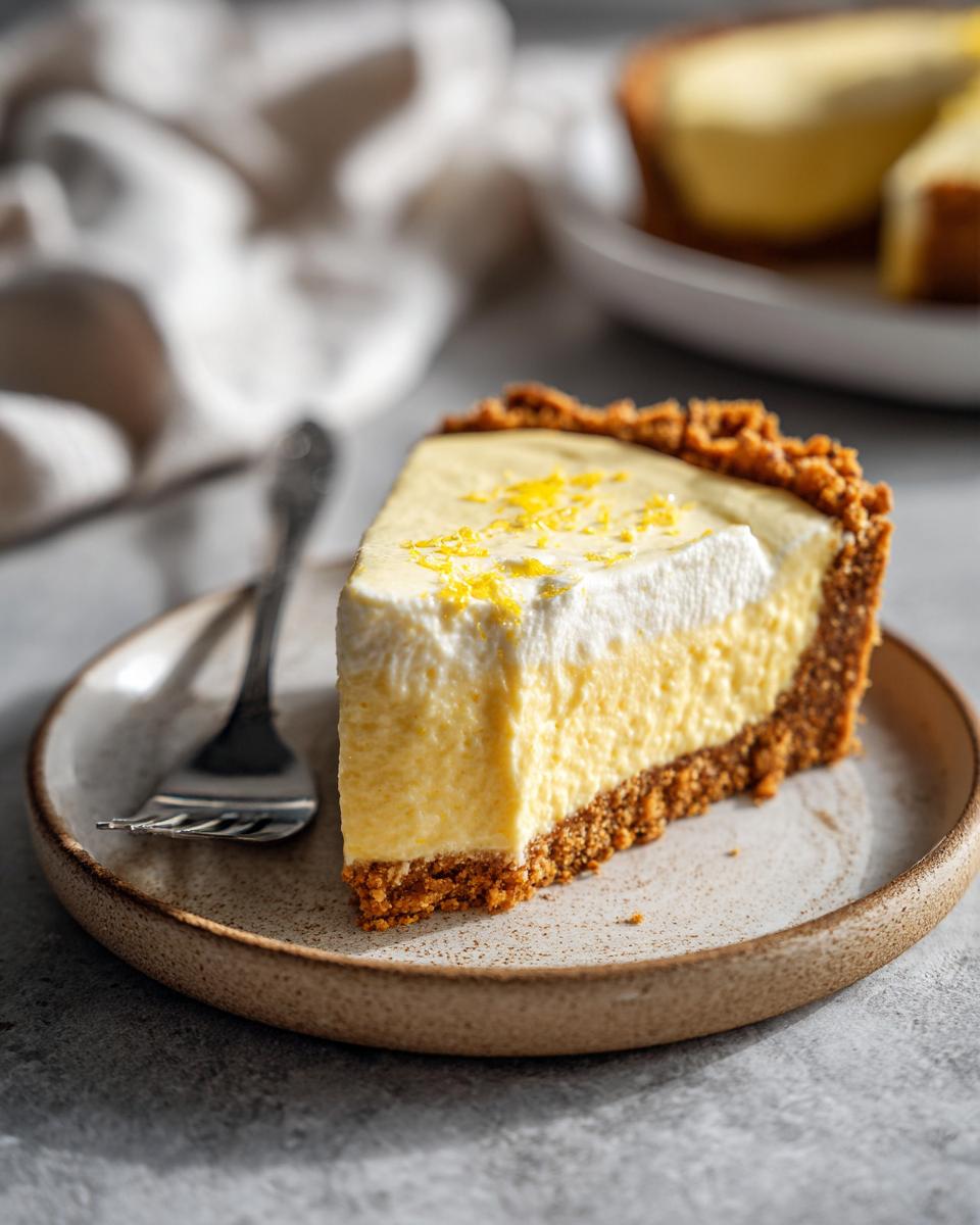 A close-up of a thick slice of creamy lemon pie with a graham cracker crust, topped with whipped cream and lemon zest.