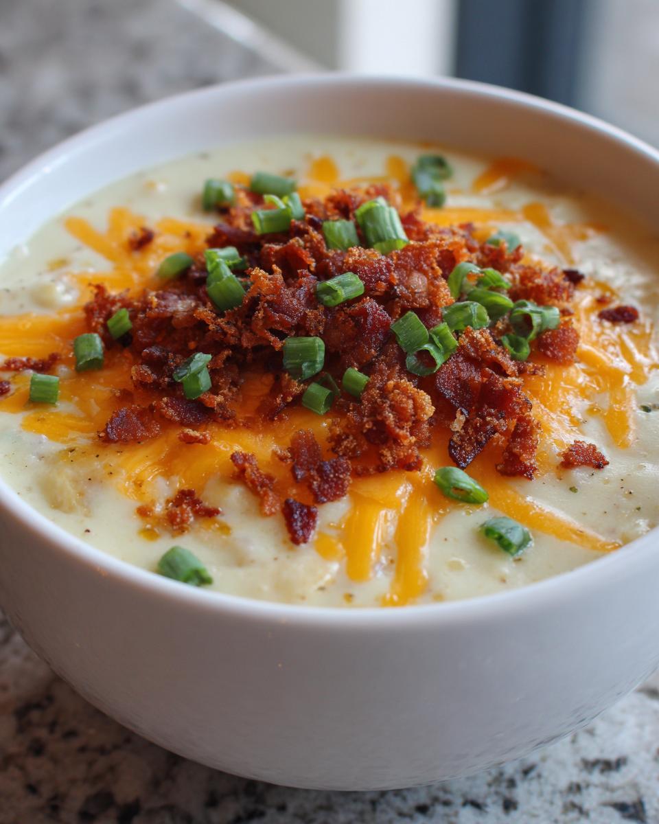 Close-up of creamy loaded baked potato soup topped with melted cheddar, crispy bacon bits, and chopped green onions.