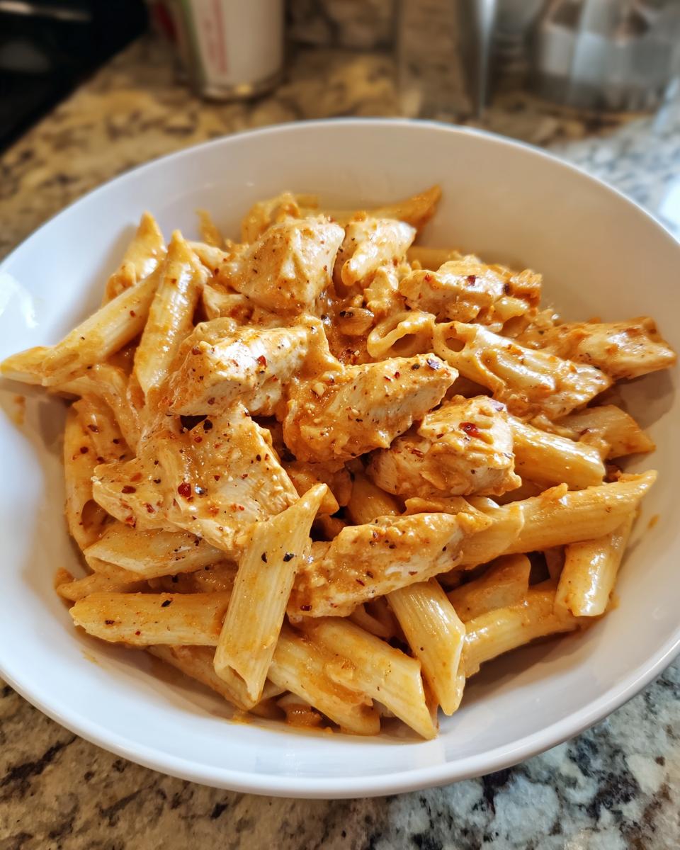 Close-up of a white bowl filled with creamy marry me chicken pasta featuring penne noodles and seasoned chicken pieces.