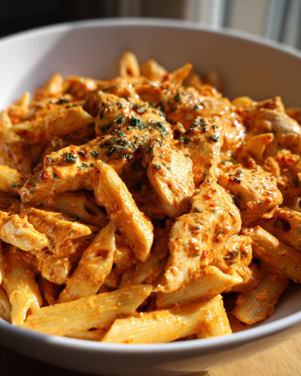 A close-up shot of creamy, orange-hued marry me chicken pasta featuring penne noodles and chunks of chicken, garnished with herbs.