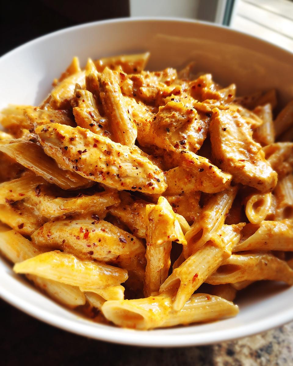 Close-up of creamy marry me chicken pasta featuring penne and seasoned chicken pieces in a white bowl.