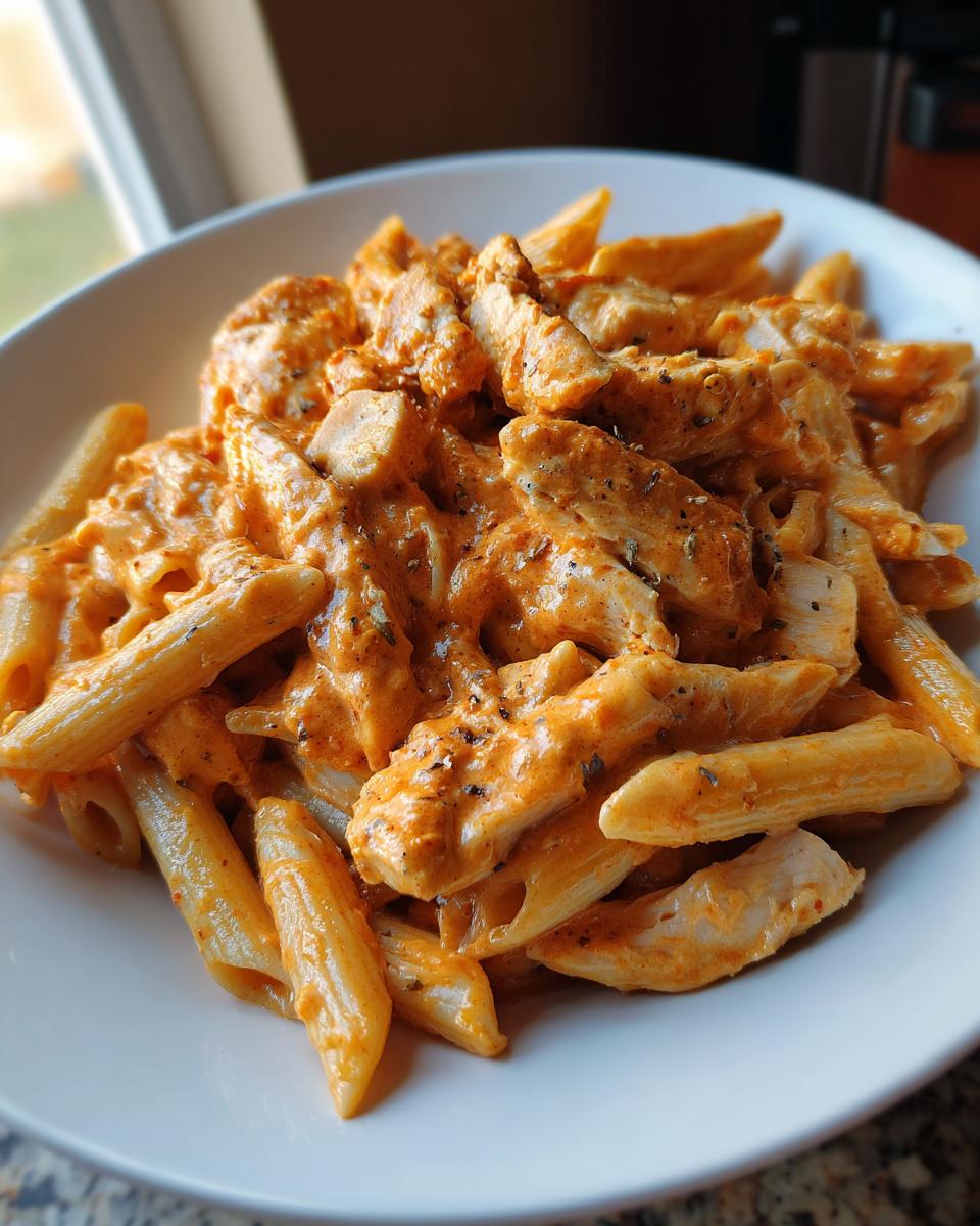 Close-up of a white bowl filled with creamy marry me chicken pasta, featuring penne and sliced chicken breast.