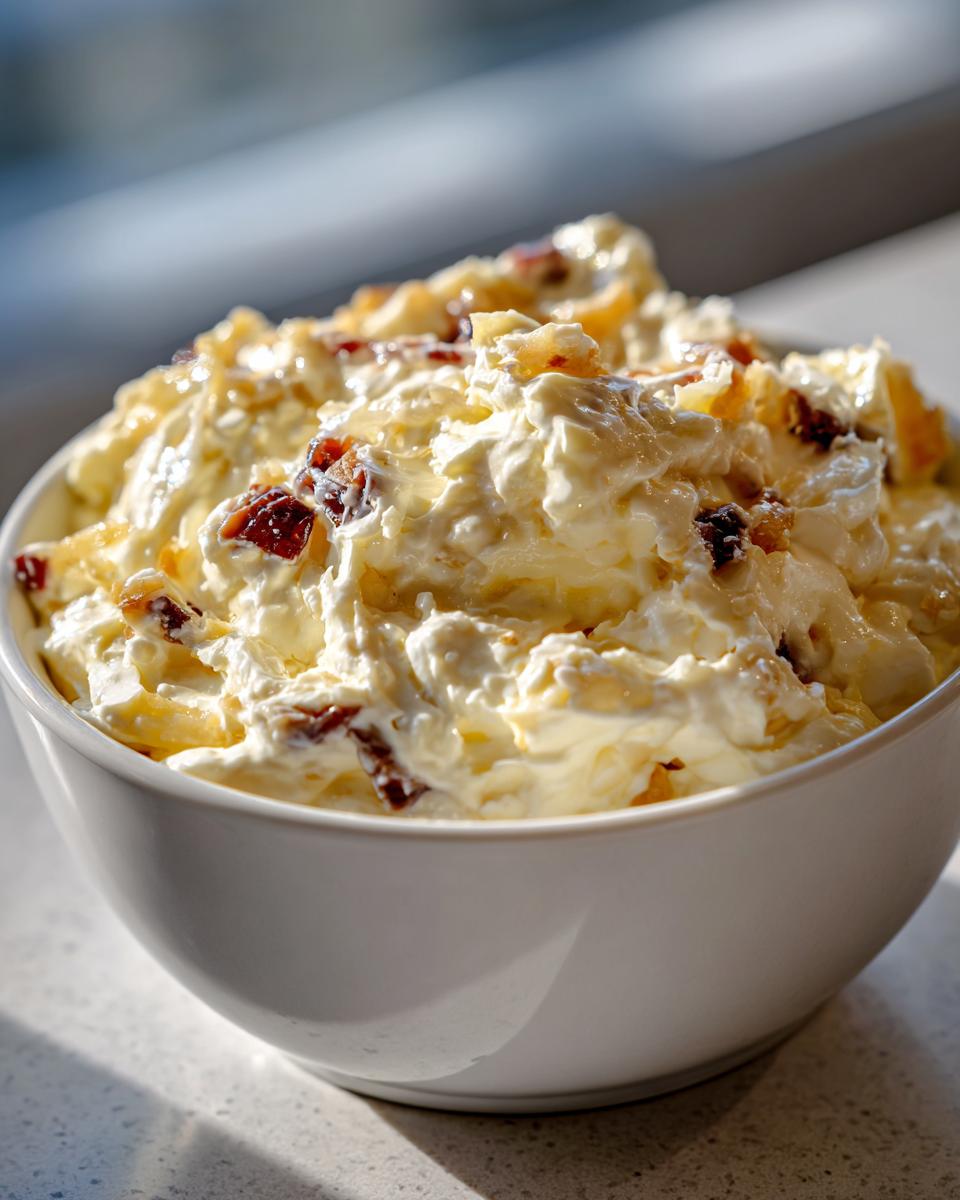 Close-up of a creamy, chunky onion dip topped with crispy bacon pieces in a white bowl.