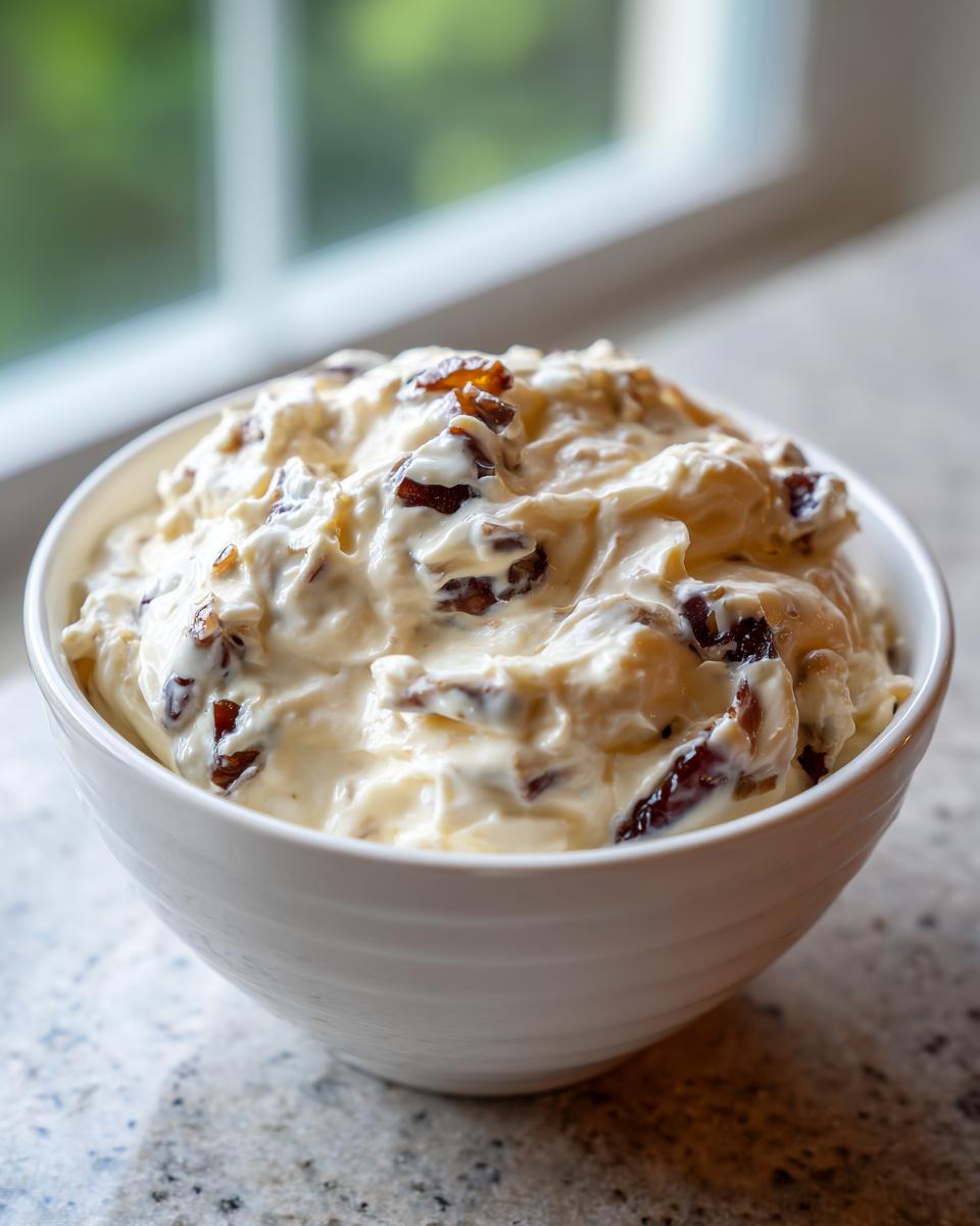 Close-up of a creamy onion dip featuring visible chunks of caramelized onion in a white bowl.