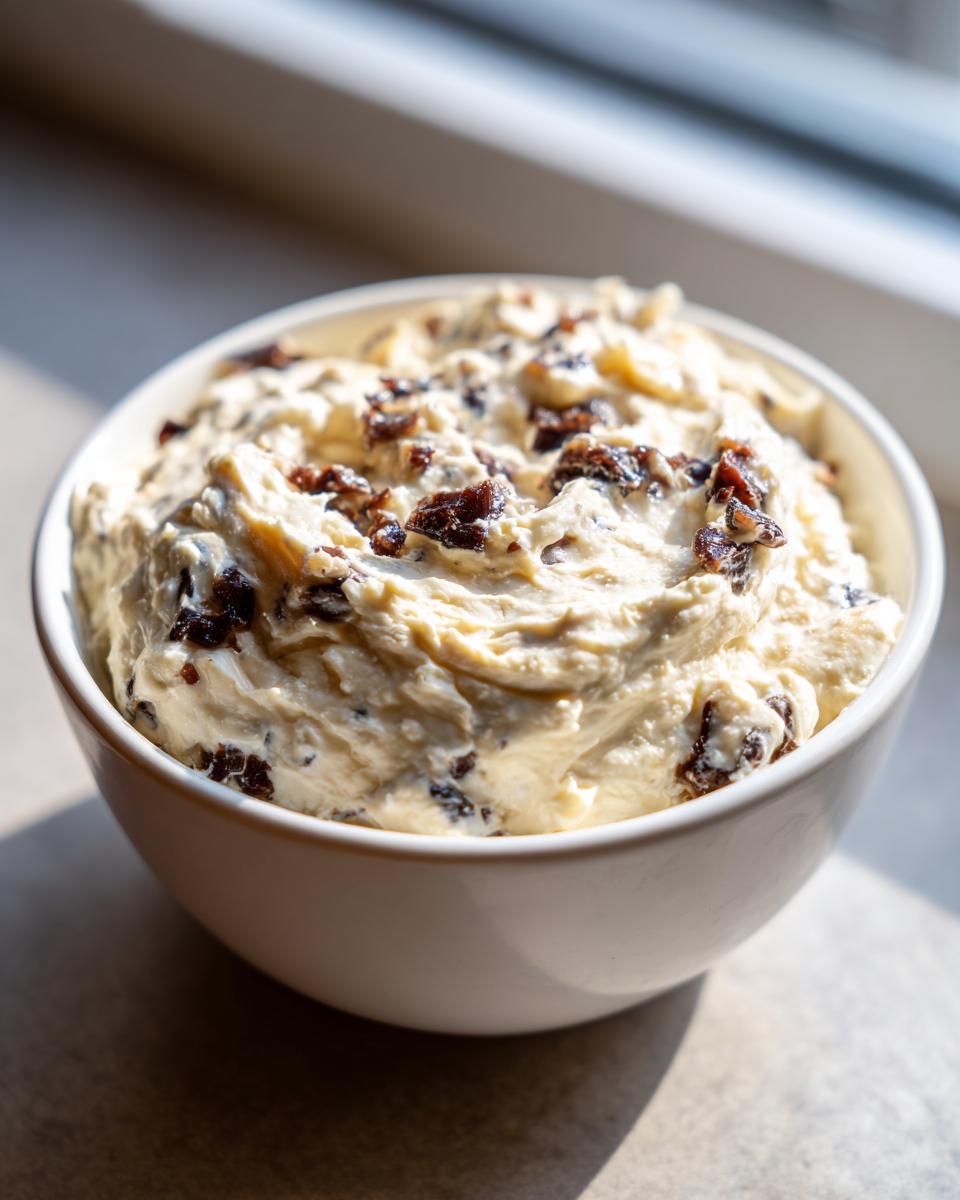 Close-up of a creamy onion dip, likely featuring caramelized onions or dried bits, served in a white bowl.