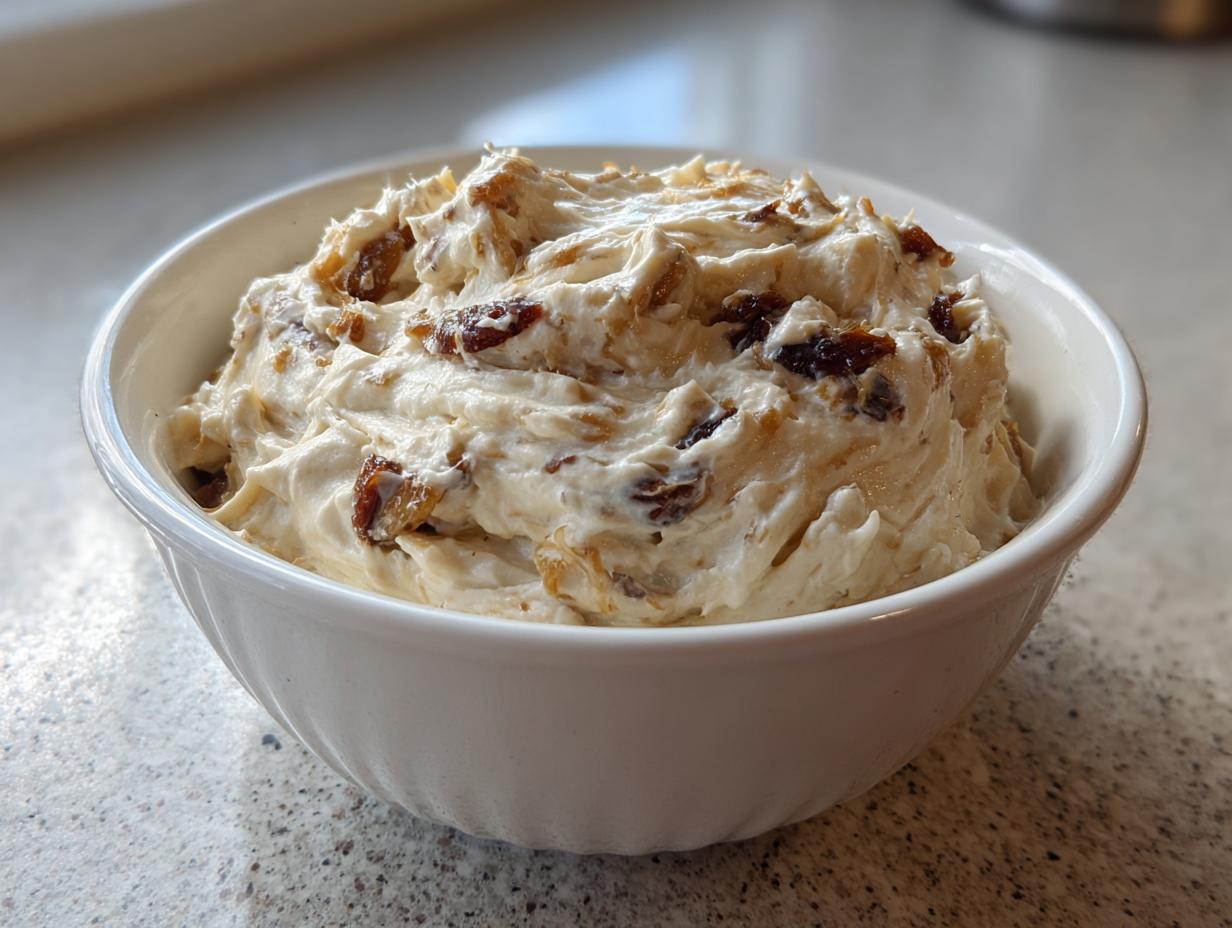 A close-up of creamy onion dip mixed with dark, caramelized onions served in a white bowl.