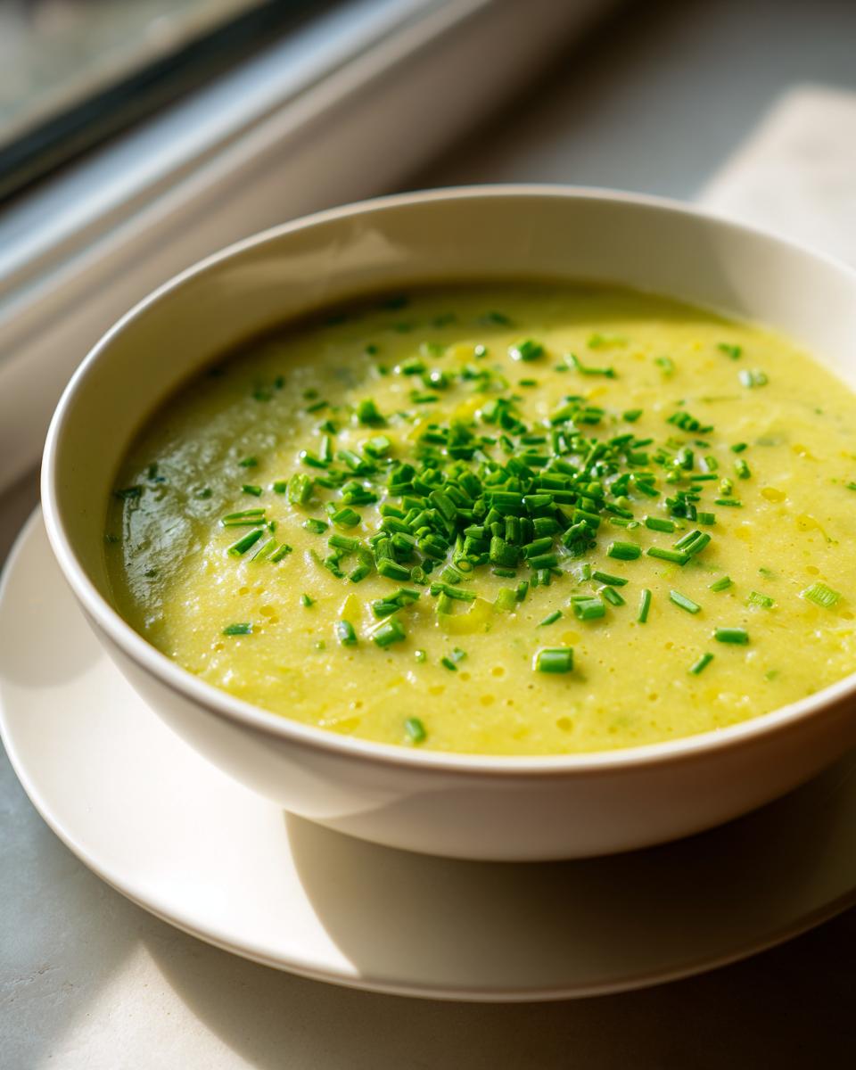 A close-up of creamy, yellow potato leek soup in a white bowl, garnished generously with chopped green chives.