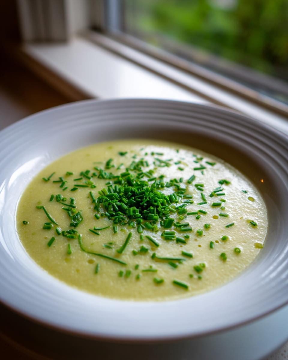 A close-up of creamy potato leek soup topped generously with fresh, bright green chopped chives.