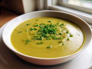 A close-up of a bowl of creamy, yellow-green potato leek soup garnished generously with chopped fresh chives.