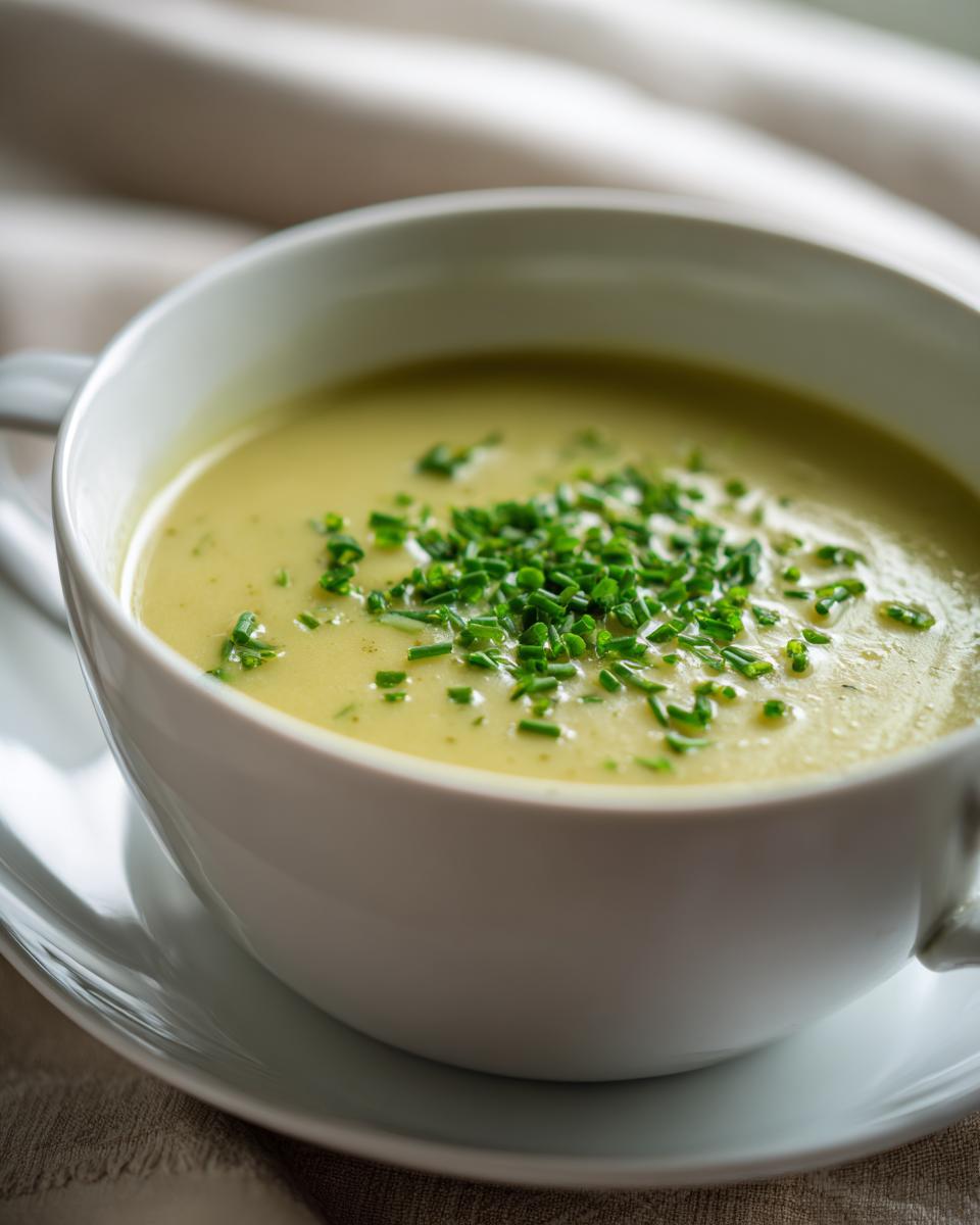 Close-up of a creamy, pale yellow potato leek soup topped generously with fresh chopped chives in a white bowl.