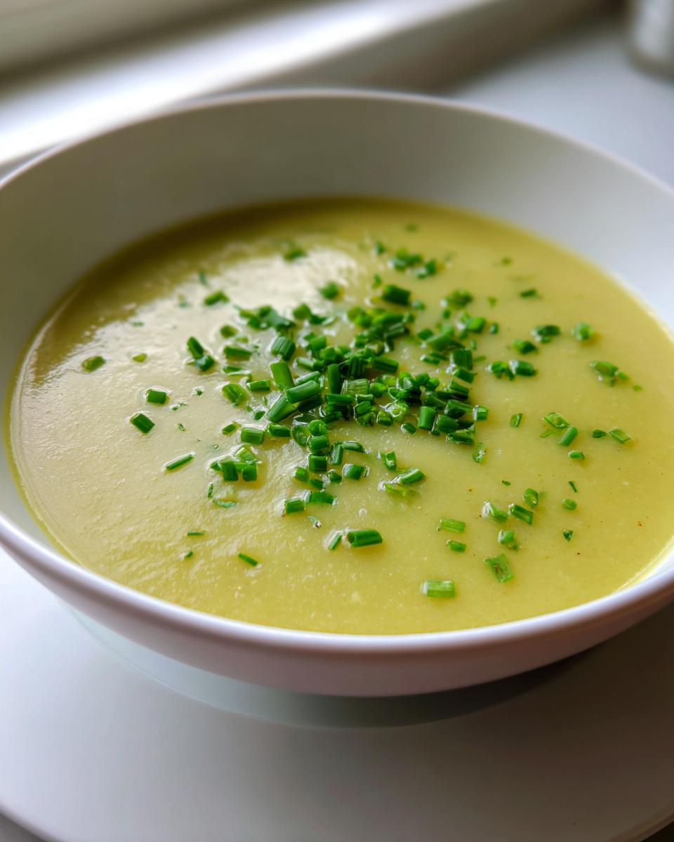 A close-up of a bowl of creamy, pale yellow potato leek soup garnished generously with freshly chopped green chives.