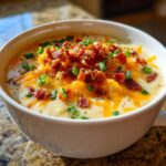 Close-up of a creamy potato soup recipe topped generously with melted cheddar cheese, crispy bacon bits, and chopped chives.