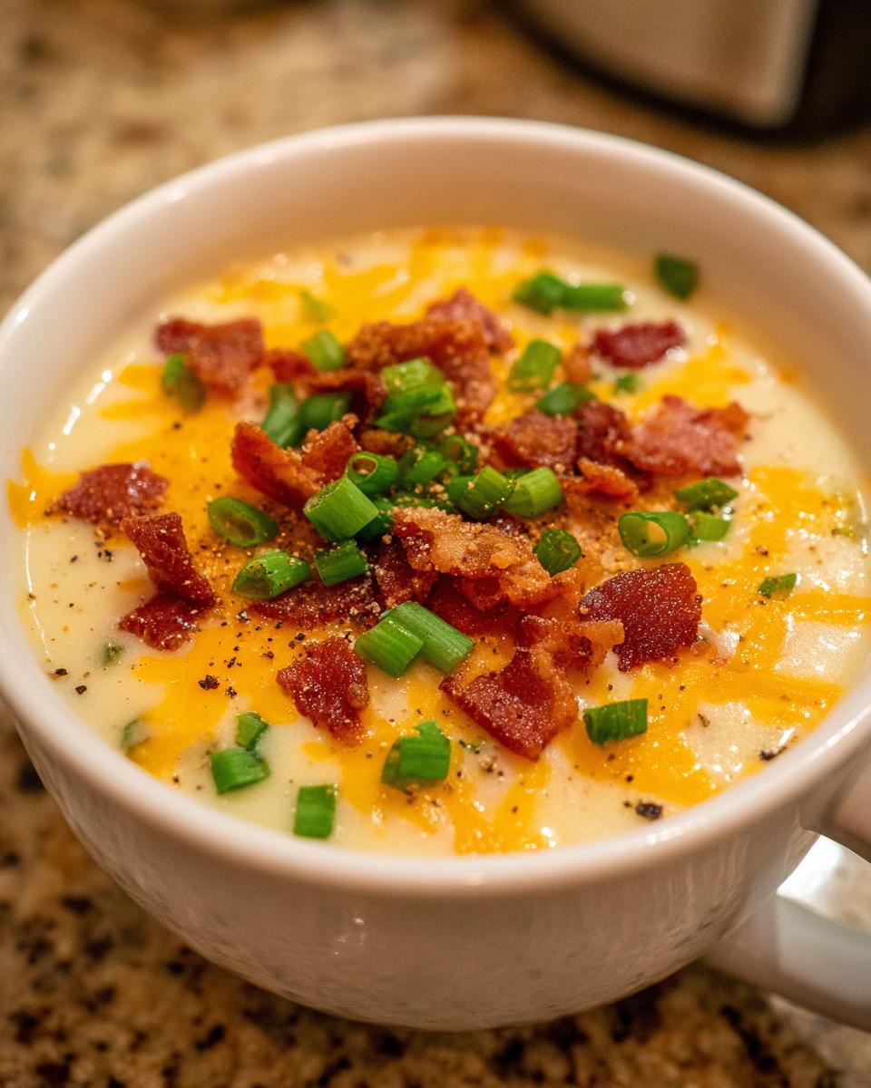 Close-up of a creamy potato soup recipe topped generously with shredded cheddar cheese, crispy bacon bits, and fresh green onions.