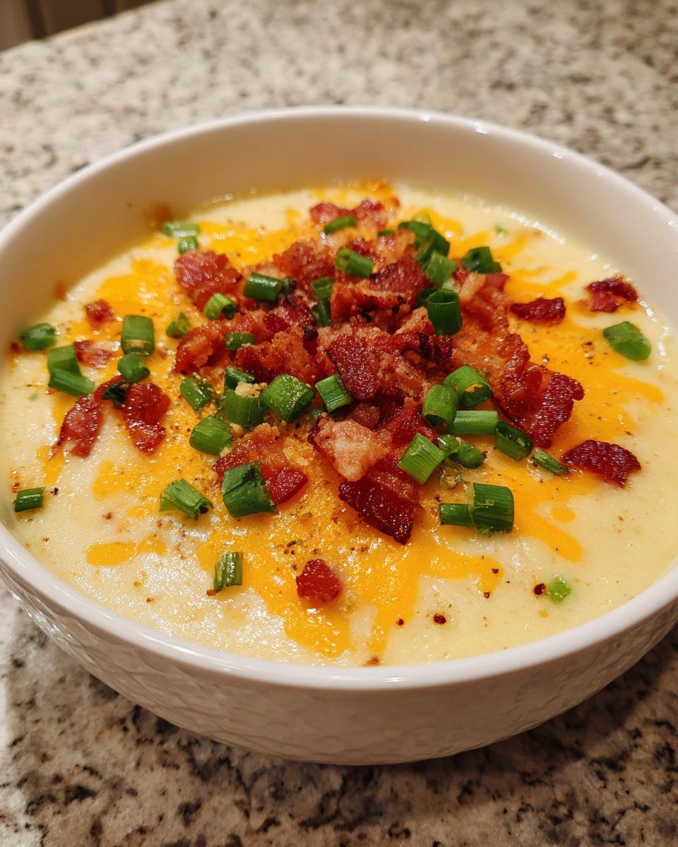Close-up of a bowl of creamy potato soup recipe topped generously with shredded cheddar cheese, bacon bits, and chopped green onions.