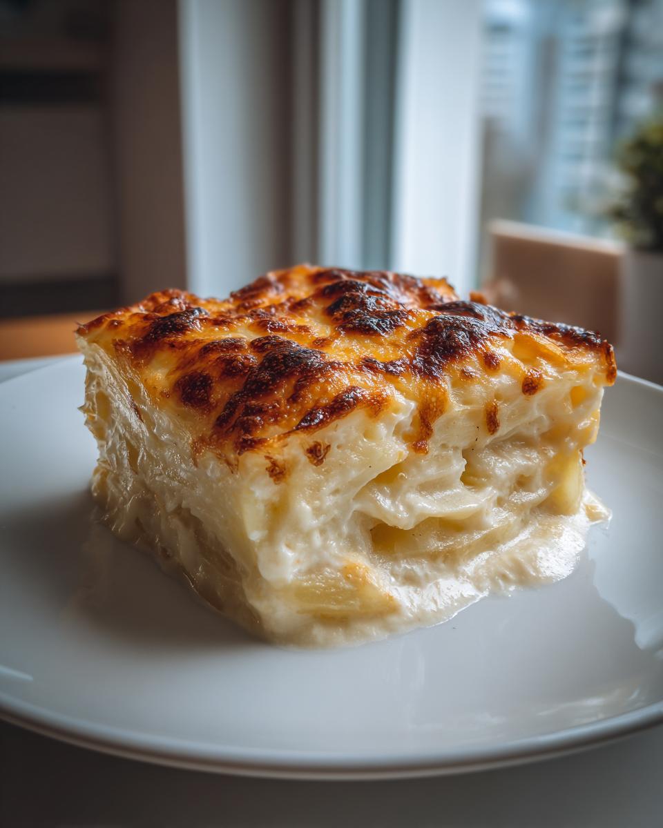 A square slice of rich, creamy potatoes au gratin with a deeply browned, cheesy crust.