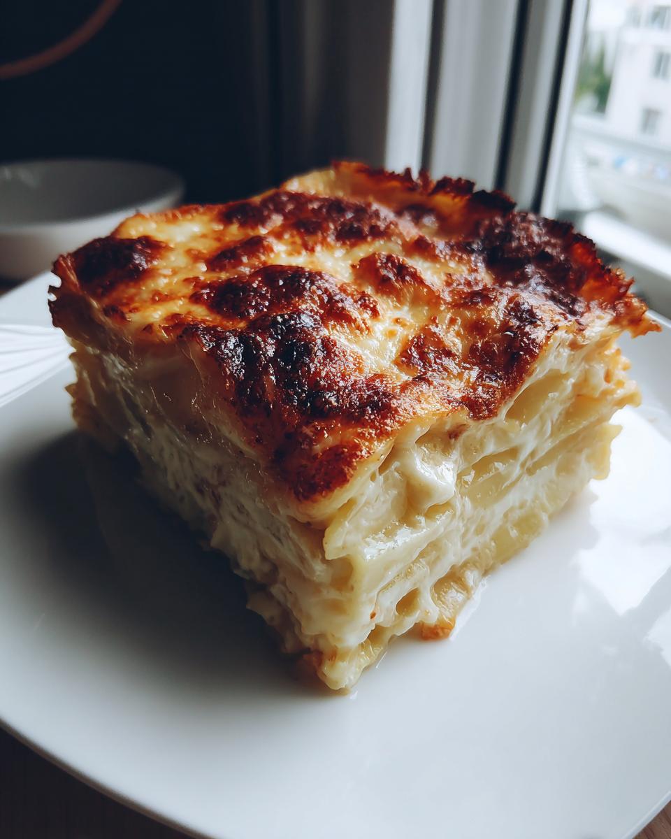 A thick, layered slice of creamy potatoes au gratin with a deeply browned, cheesy crust.