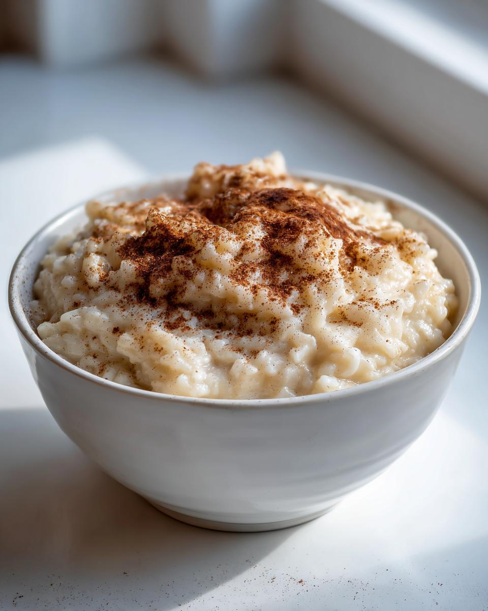 A close-up of creamy rice pudding in a white bowl, generously sprinkled with ground cinnamon.