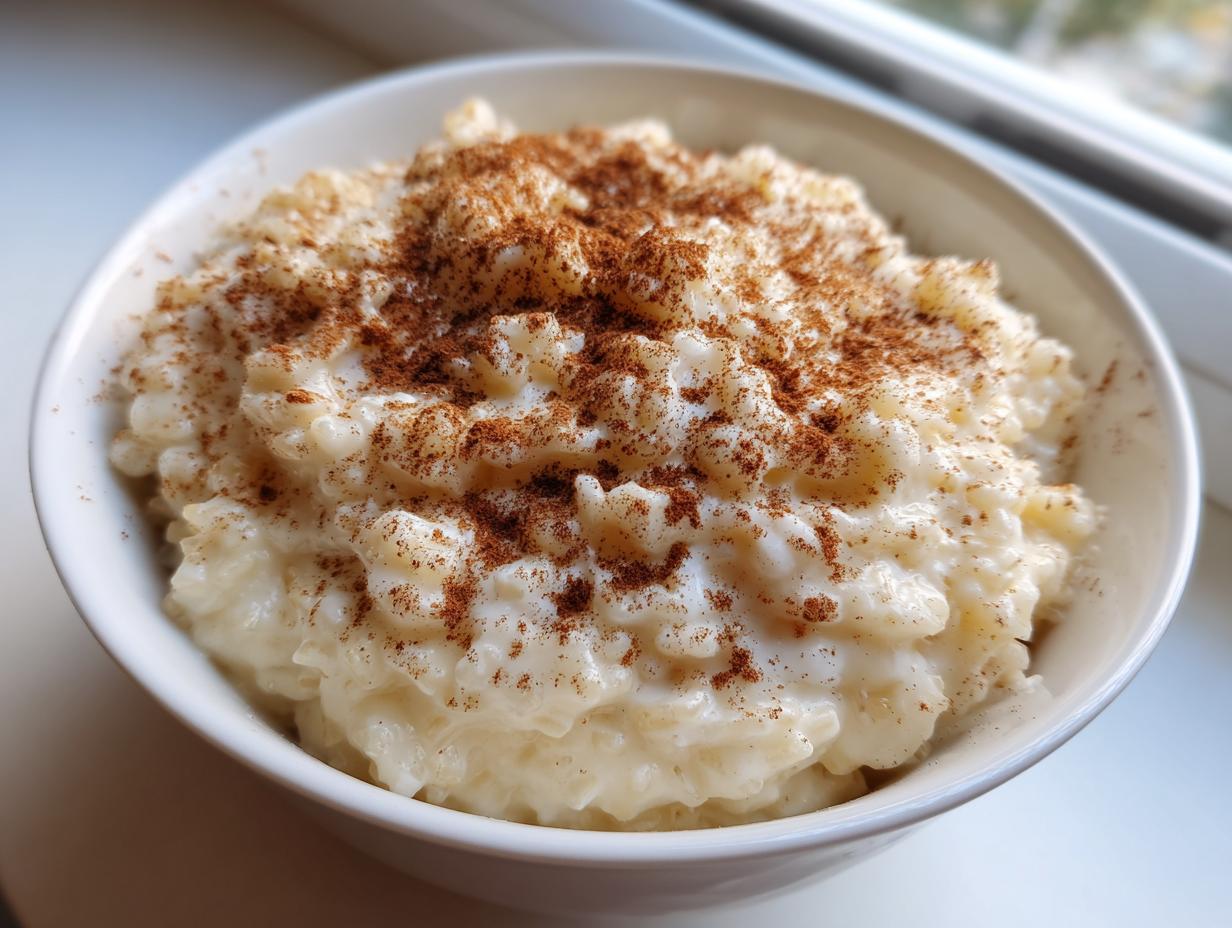 Close-up of a white bowl filled with creamy rice pudding generously sprinkled with ground cinnamon.