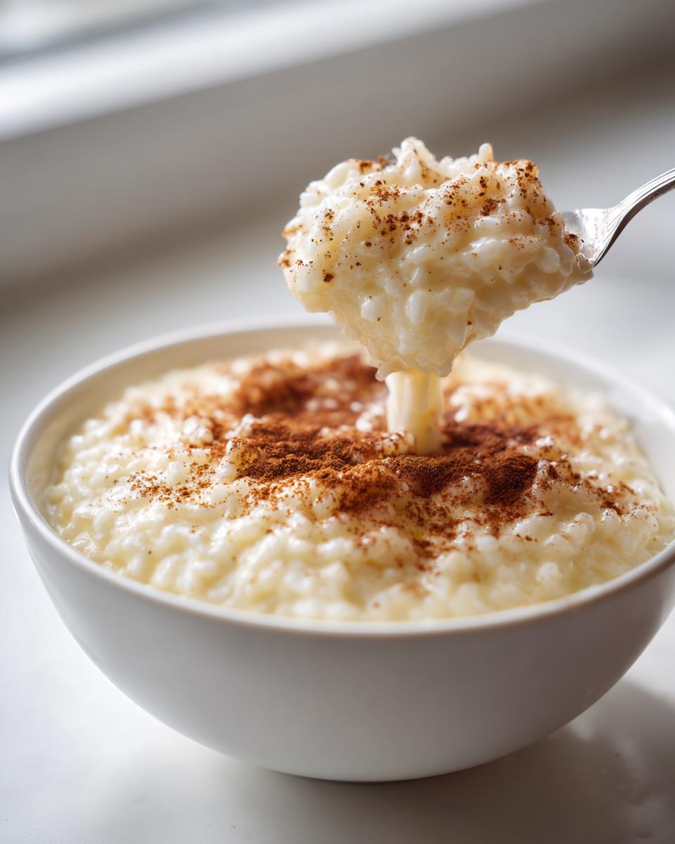 A spoonful of creamy rice pudding, dusted with cinnamon, being lifted from a white bowl of rice pudding.