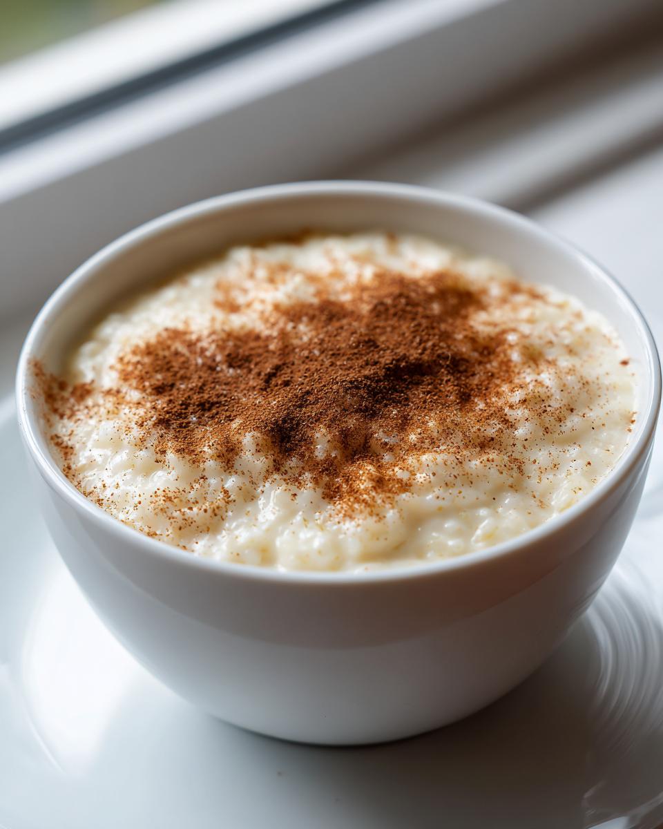 A close-up of creamy rice pudding in a white bowl, generously topped with ground cinnamon.