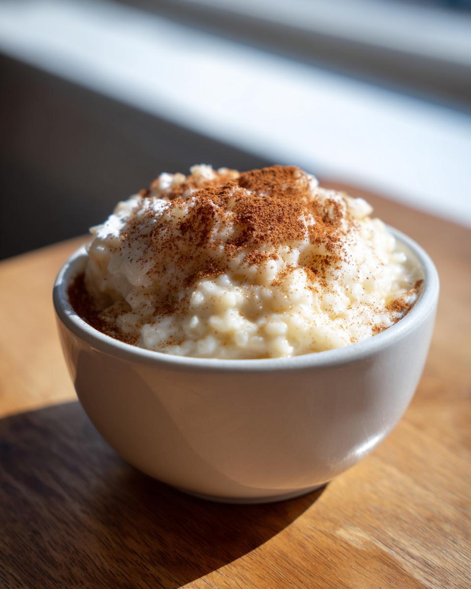 Close-up of a white bowl filled with creamy rice pudding recipe, generously dusted with cinnamon.