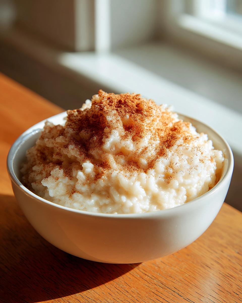 A close-up of a white bowl filled with creamy rice pudding recipe, generously dusted with cinnamon.