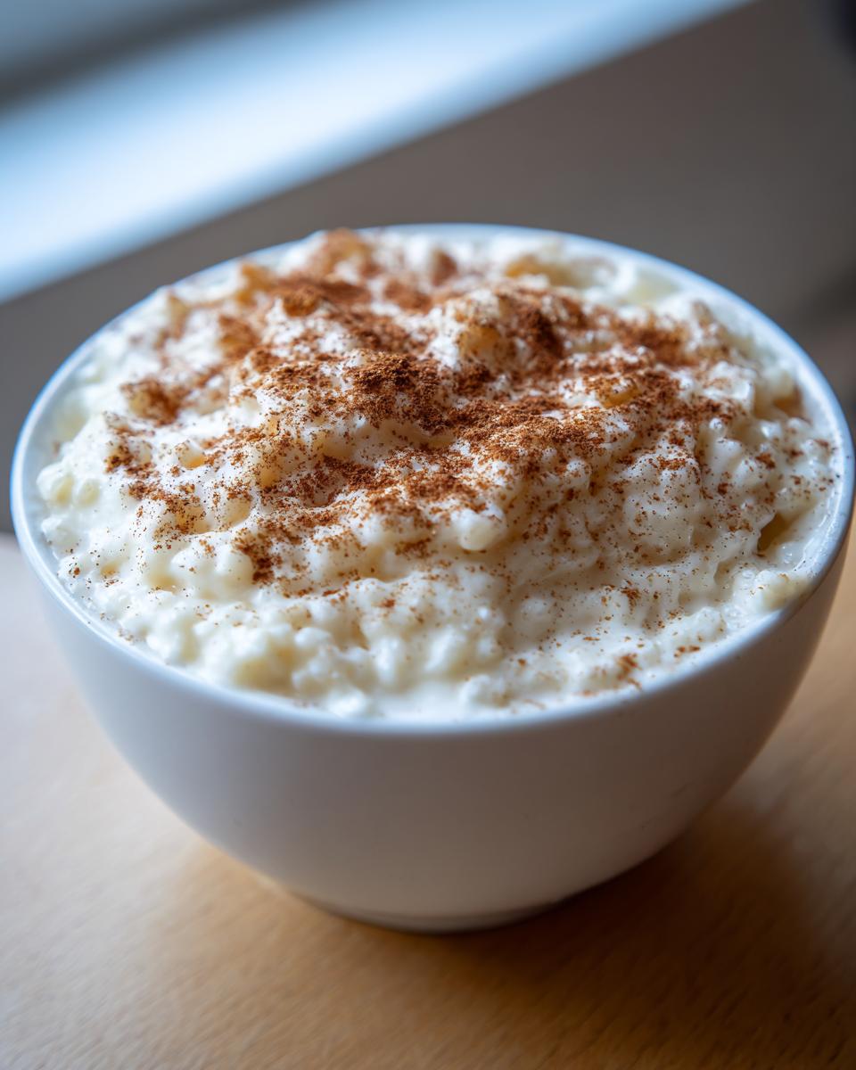 Close-up of a white bowl filled with creamy rice pudding recipe, generously sprinkled with ground cinnamon.
