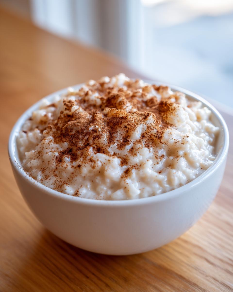Close-up of creamy rice pudding recipe served in a white bowl, generously dusted with cinnamon.