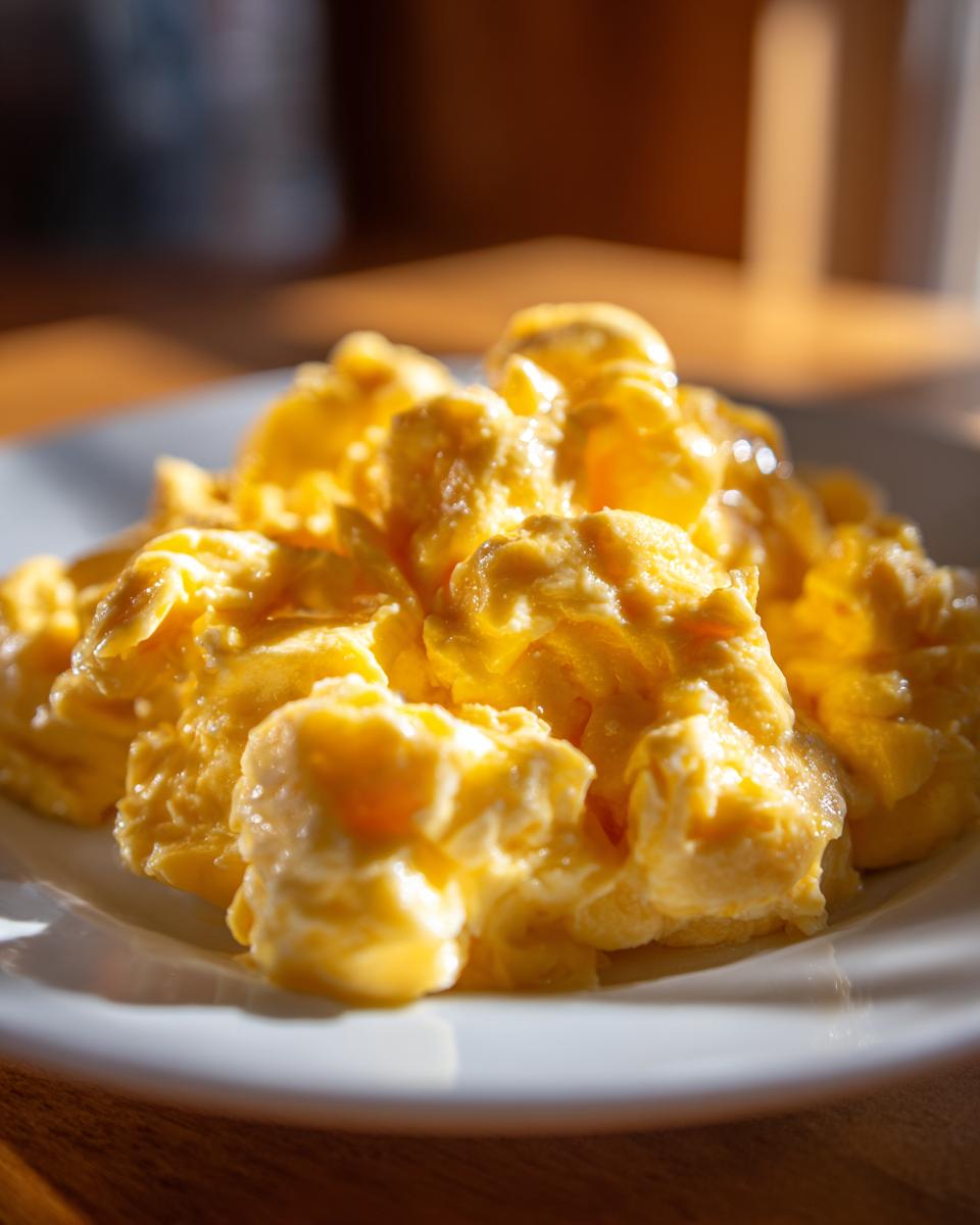 Close-up of fluffy, bright yellow scrambled eggs served on a white plate.