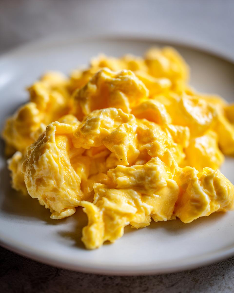 Close-up of perfectly cooked, creamy, and fluffy scrambled eggs served on a light plate.