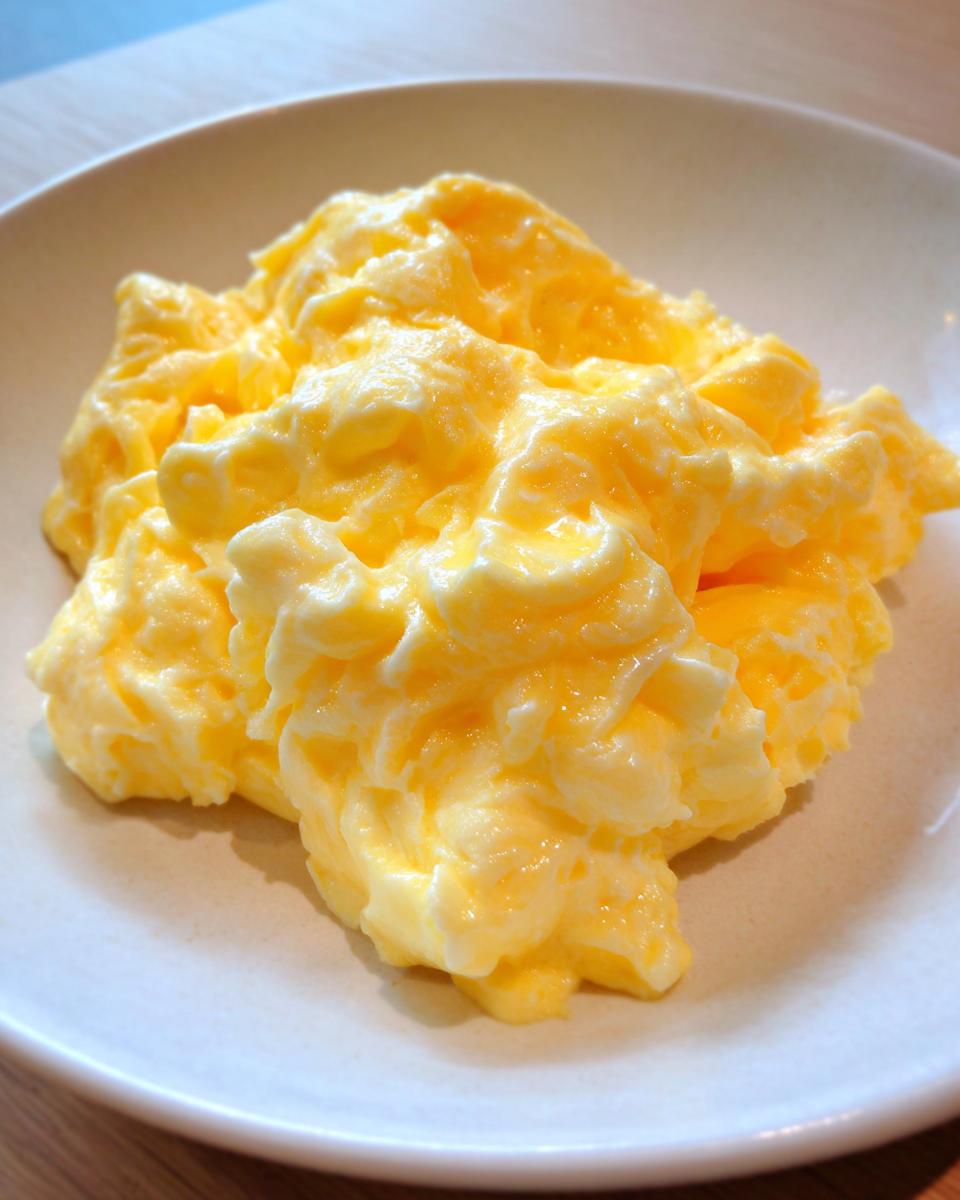 A close-up of incredibly creamy and fluffy scrambled eggs served in a white bowl.