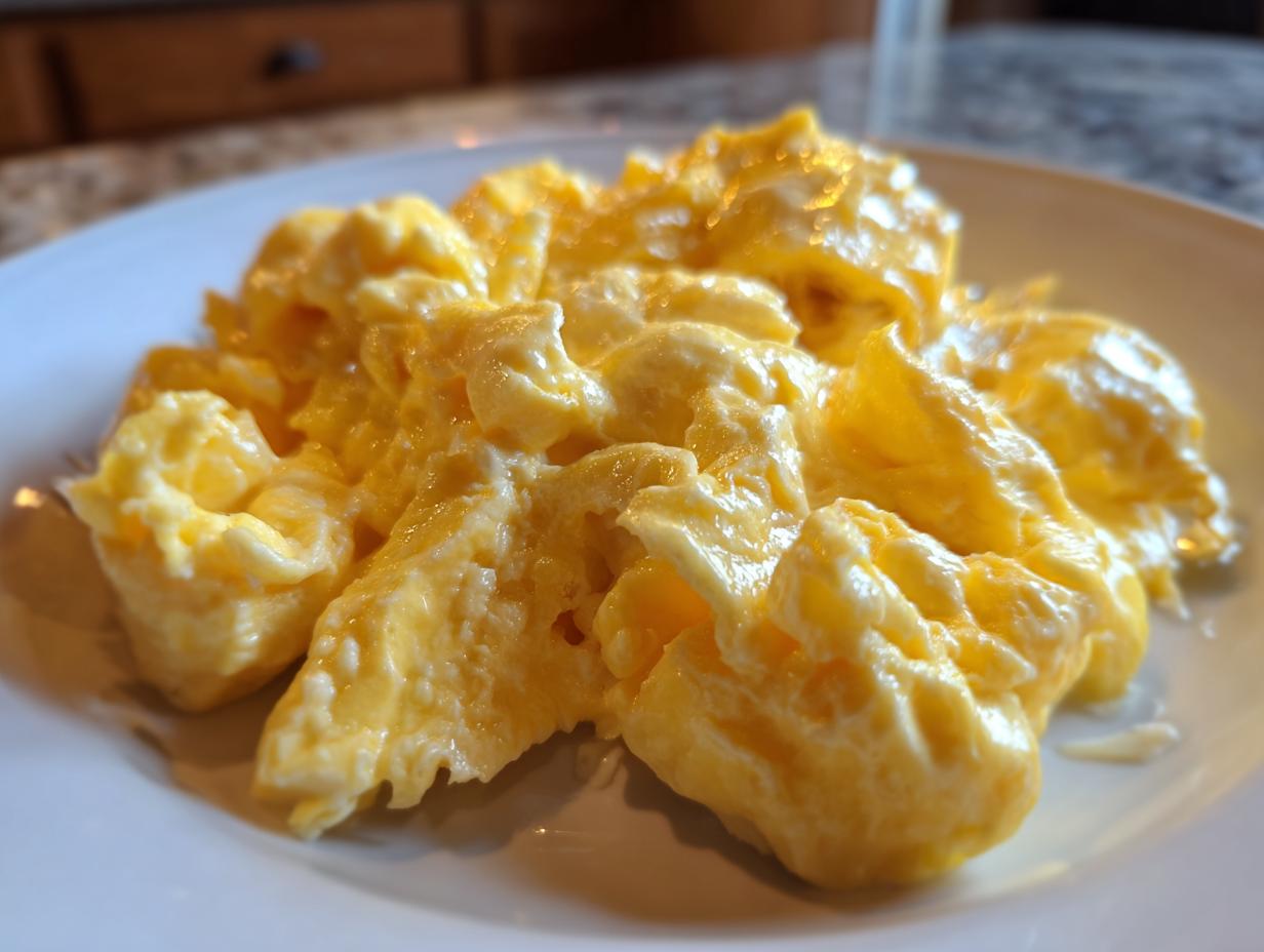 Close-up of fluffy, creamy scrambled eggs served on a white plate, showcasing the rich yellow color.