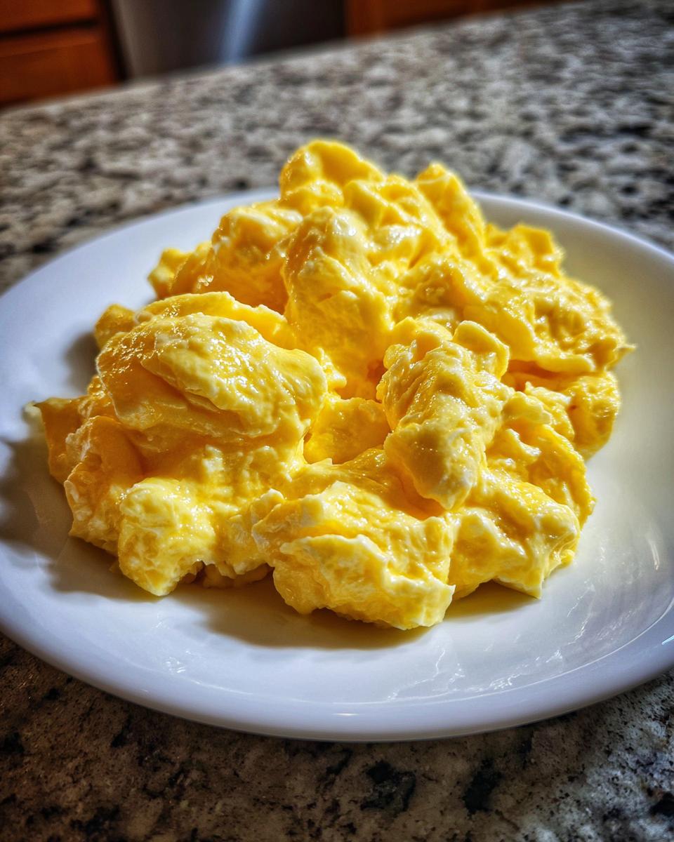 A close-up of perfectly cooked, creamy scrambled eggs piled high on a white plate.