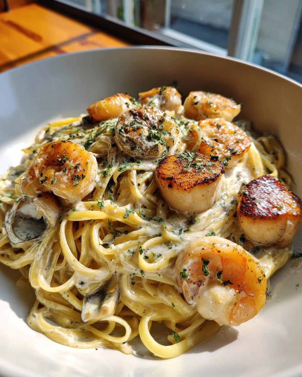 Close-up of creamy seafood pasta featuring fettuccine, seared scallops, and shrimp, garnished with parsley.