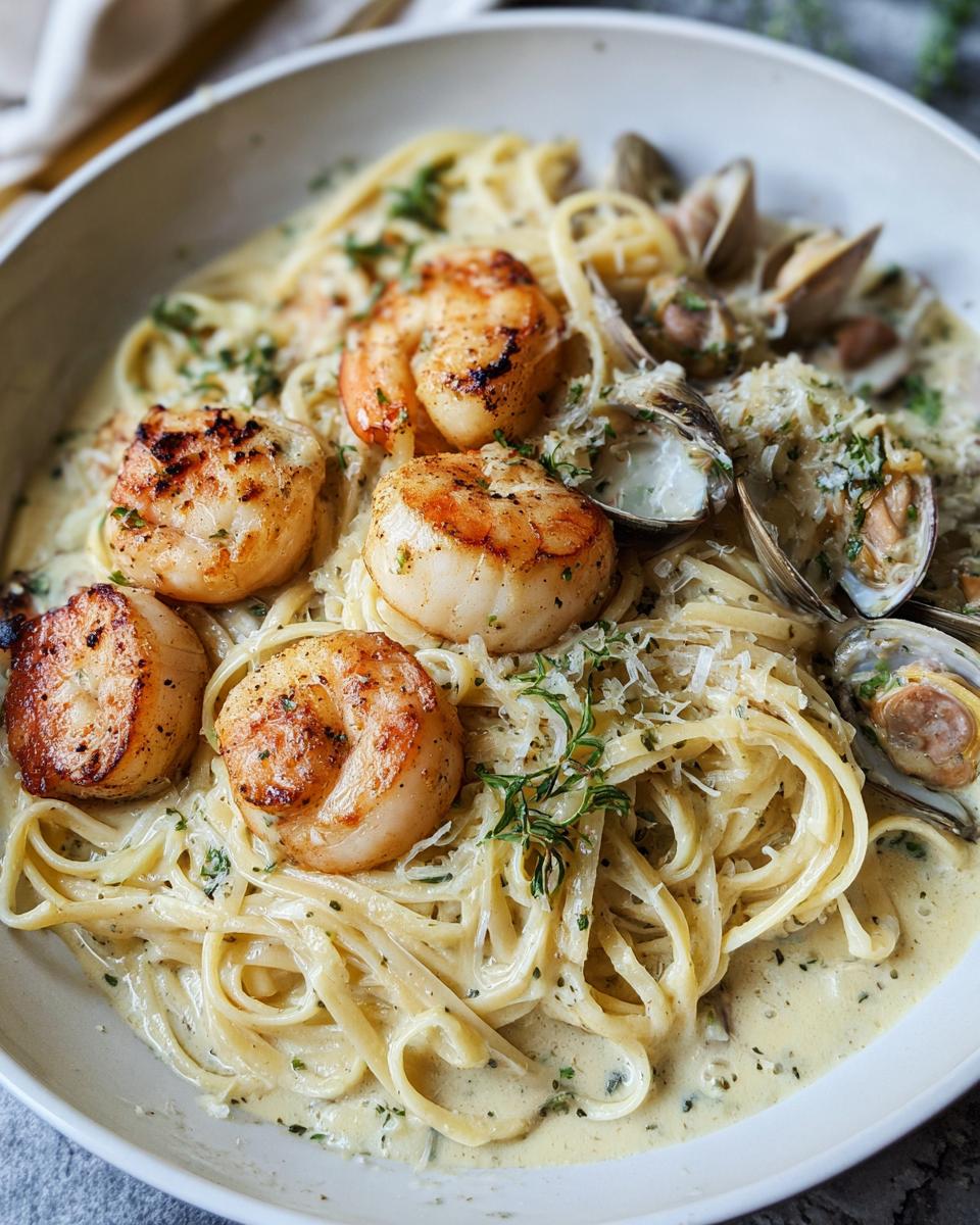 Close-up of a bowl of creamy seafood pasta featuring seared scallops and clams, topped with Parmesan cheese.