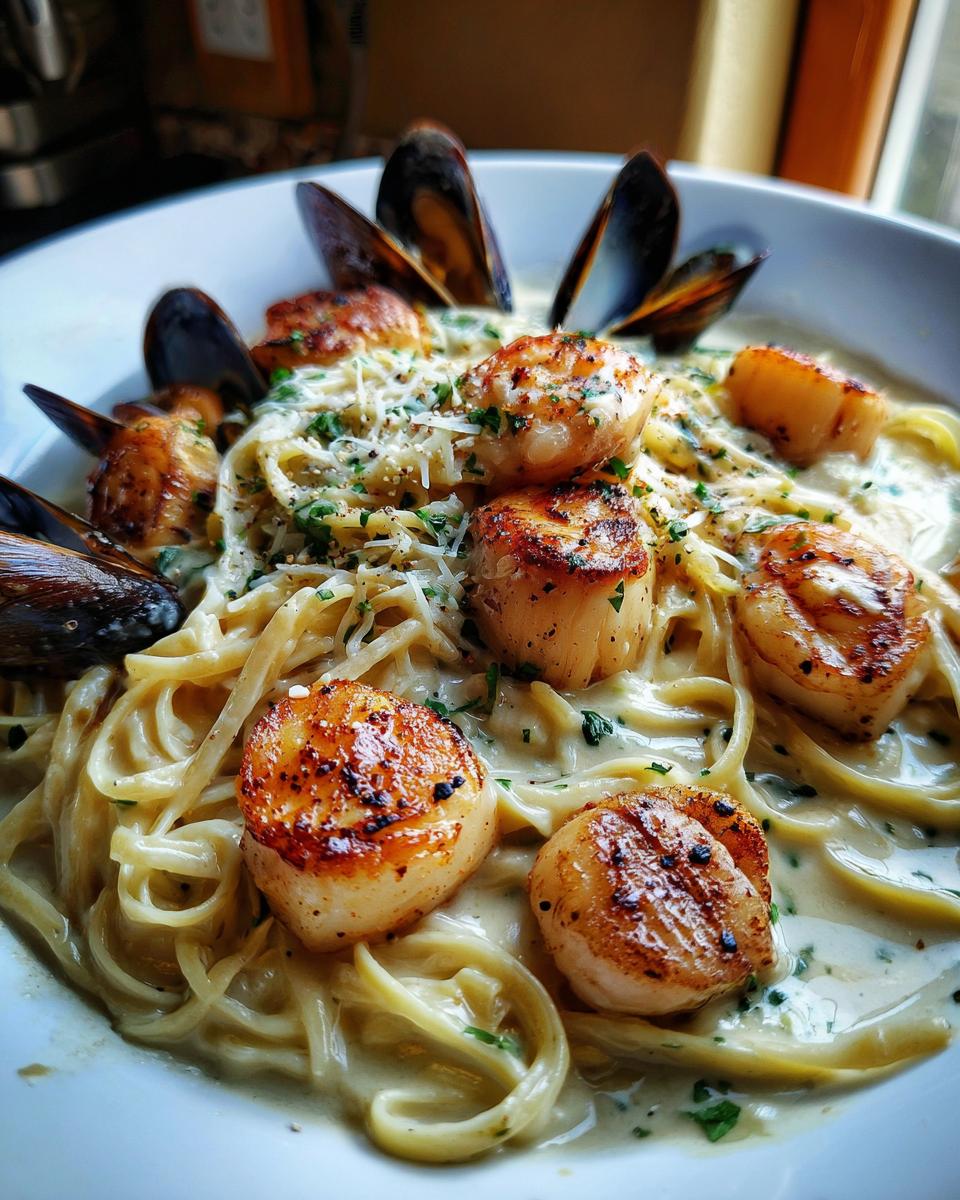 Close-up of creamy seafood pasta featuring seared scallops and mussels, topped with Parmesan cheese.