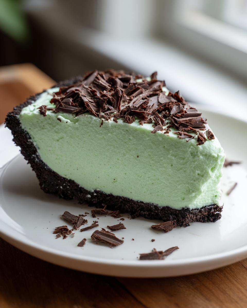 A close-up of a slice of light green grasshopper pie with a dark chocolate crust, topped with chocolate shavings.