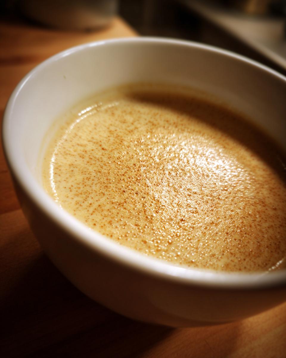 Close-up of rich, creamy soup, likely cream of chicken soup, topped with fine brown spices in a white bowl.
