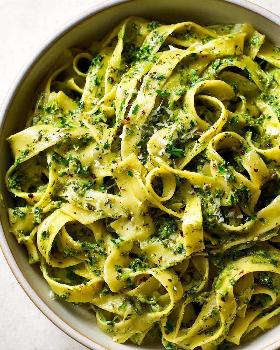 Close-up overhead shot of creamy spinach pasta made with fettuccine noodles coated in a vibrant green sauce, topped with cheese.