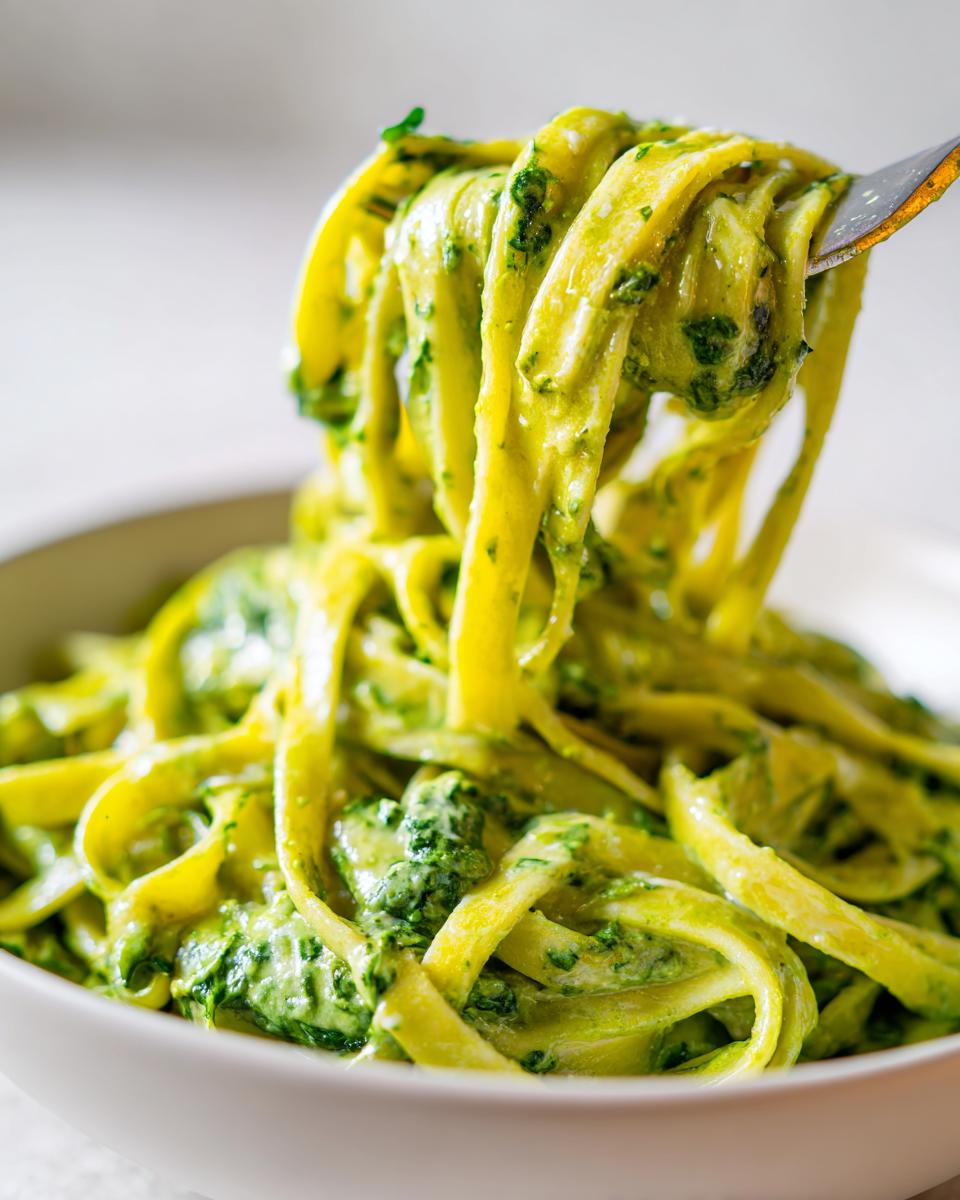A fork lifts creamy fettuccine noodles coated in a vibrant green spinach pasta sauce from a white bowl.