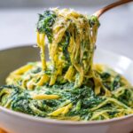 A fork lifting a generous portion of creamy spinach pasta, topped with grated Parmesan cheese, from a white bowl.