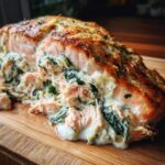 A cross-section view of a baked stuffed salmon fillet overflowing with creamy spinach filling.