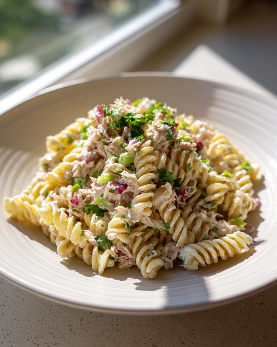 A close-up of creamy Tuna Pasta Salad made with fusilli pasta, red onion, and fresh parsley.