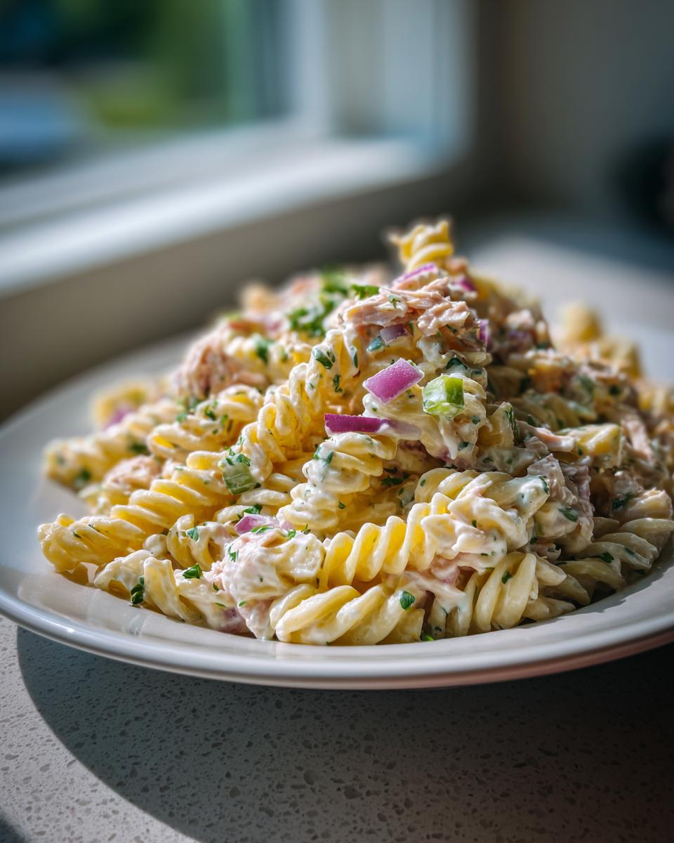 Close-up of creamy tuna pasta salad made with fusilli pasta, red onion, and herbs, served on a white plate.