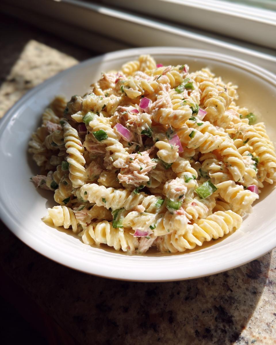 A close-up of creamy Tuna Pasta Salad made with rotini pasta, tuna, red onion, and celery in a white bowl.