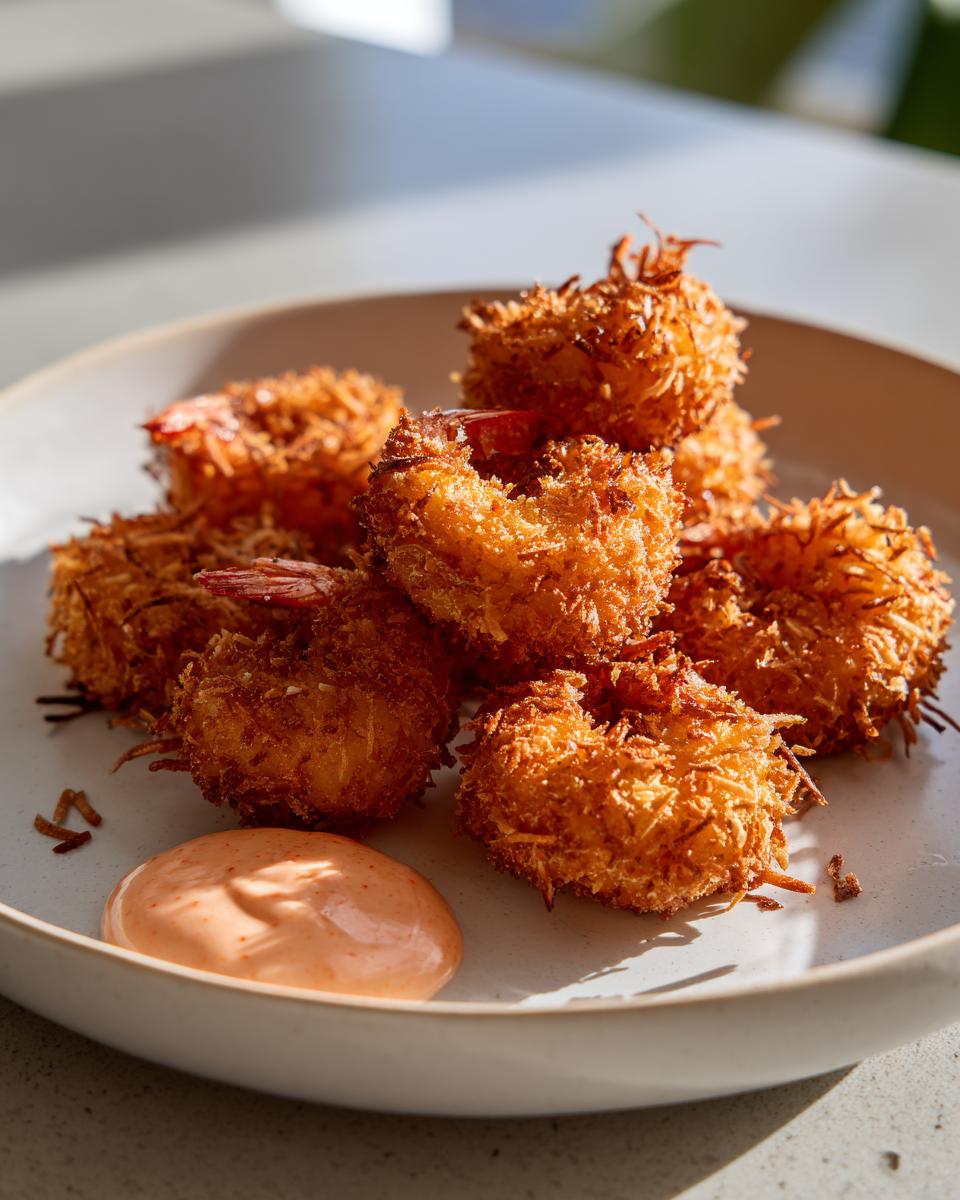 A plate of crispy, golden brown coconut shrimp served with a dollop of creamy pink dipping sauce.