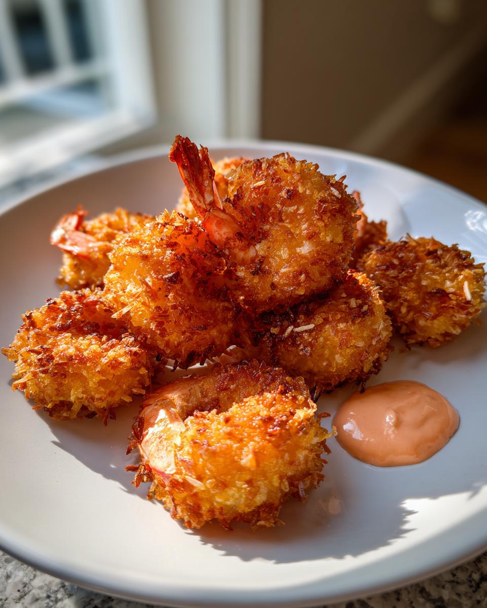 A plate of golden brown, crispy coconut shrimp served with a side of dipping sauce.